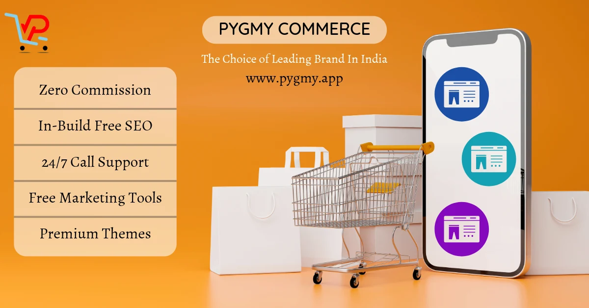 PYGMY Commerce zero commission ecommerce platform logo and key features