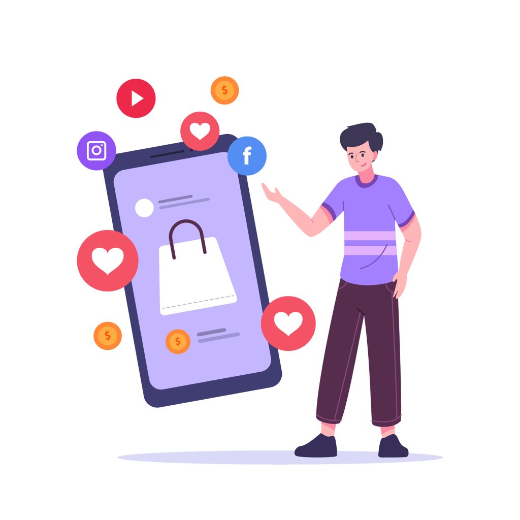 Mobile phone displaying Instagram and Facebook shops with product tags, surrounded by social media icons like TikTok, YouTube, and Pinterest