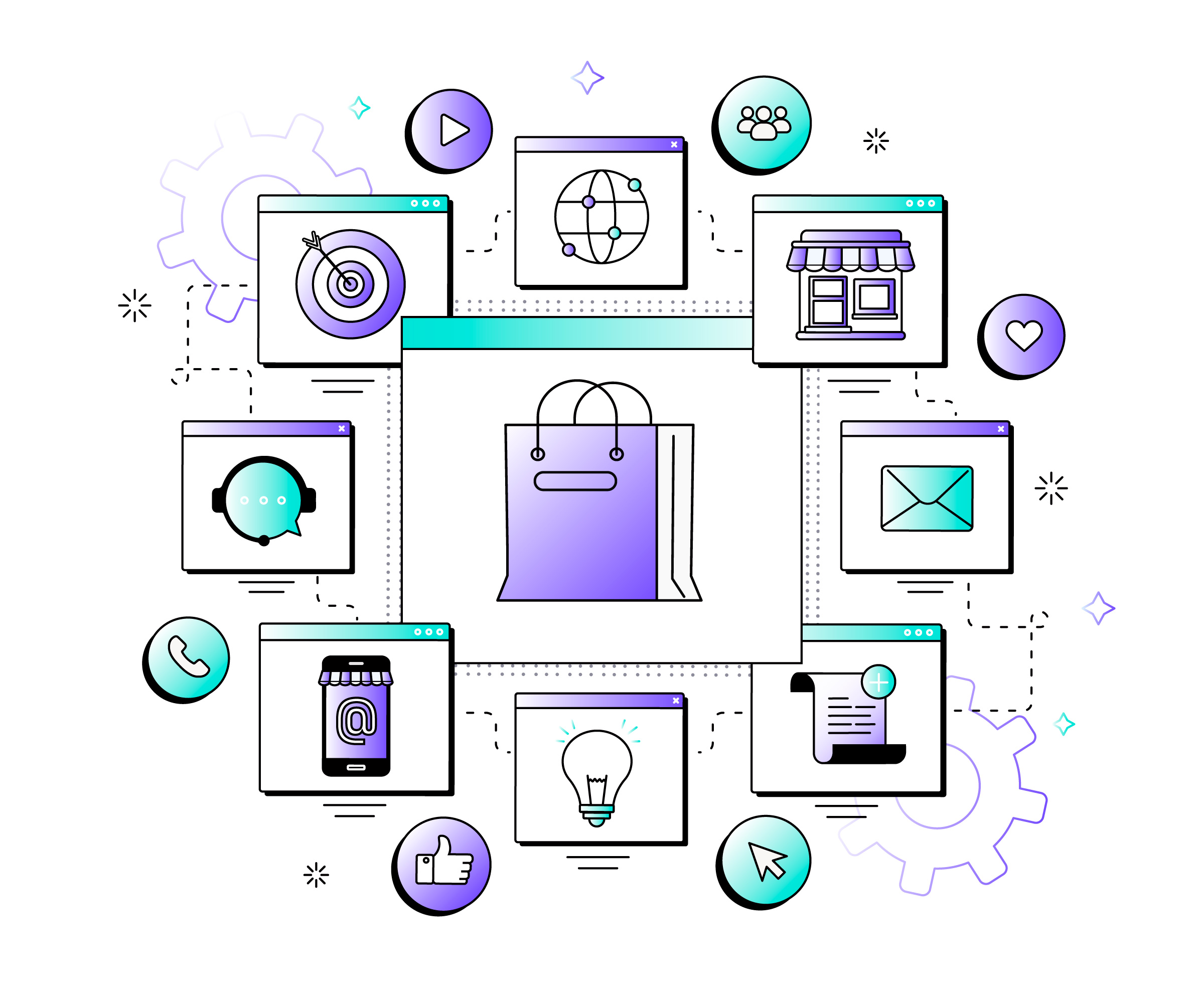 cons of popular ecommerce marketing tools like email platforms, SEO tools, and ad managers arranged in a circle around a shopping cart